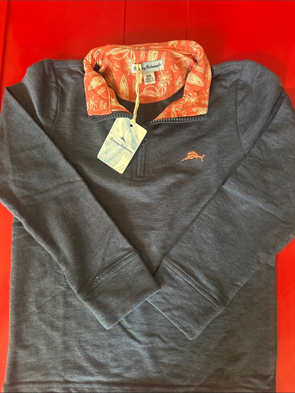 Tommy Bahama 1/4 zip Navy Pullover with Coral Summer Print in collar. 5/6-NWT